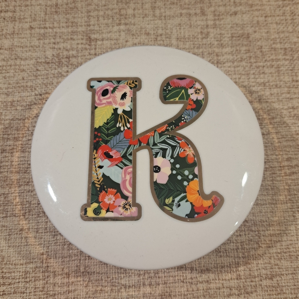 Mia Charro Porcelain Trinket Jewelry Dish Letter K Flowers Floral Gold Round